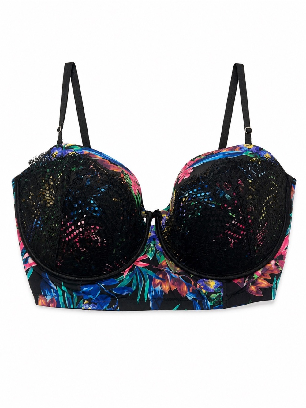 Cacique Black Floral Lace Longline Strapless Bra 46DDD Convertible Plus Size
